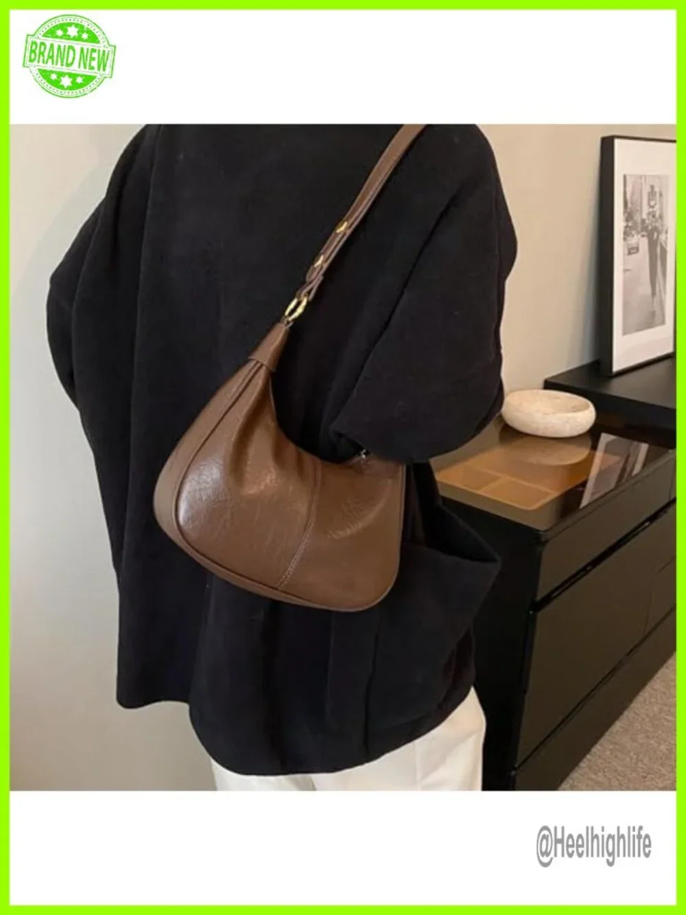 Vegan PU Leather Crescent Hobo Bag with Zipper Closure Adjustable Strap